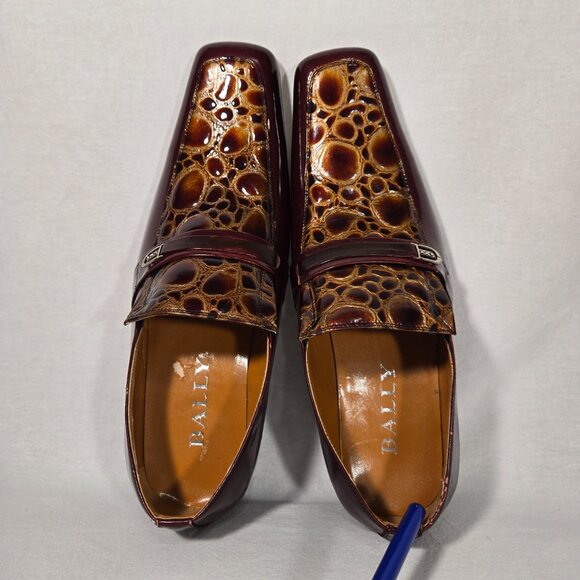 Vintage BALLY Rockabilly Red Wine Patent Leather Brown Crocodile Loafers Size 9. - Picture 11 of 17